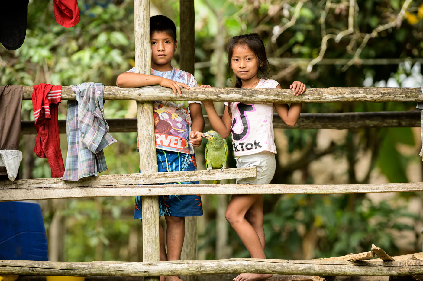 Deux enfants accoudés à une barrière en bois, un perroquet vert entre eux.